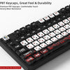 Close-up view of black PBT keycaps for mechanical keyboards showing various letter and function keys.