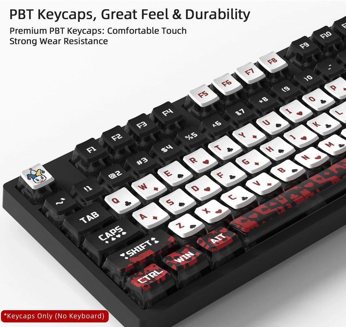 Close-up view of black PBT keycaps for mechanical keyboards showing various letter and function keys.