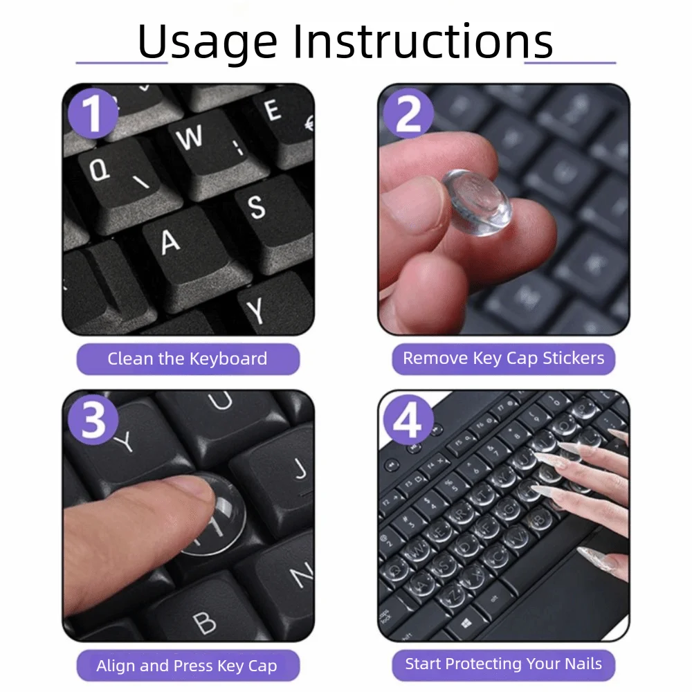Instructions showing how to clean a keyboard, remove key cap stickers, align and press a key cap, and start protecting nails.