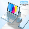 A Sky Blue iPad 10th Gen case with a detachable Bluetooth keyboard and mouse shown on a white surface.