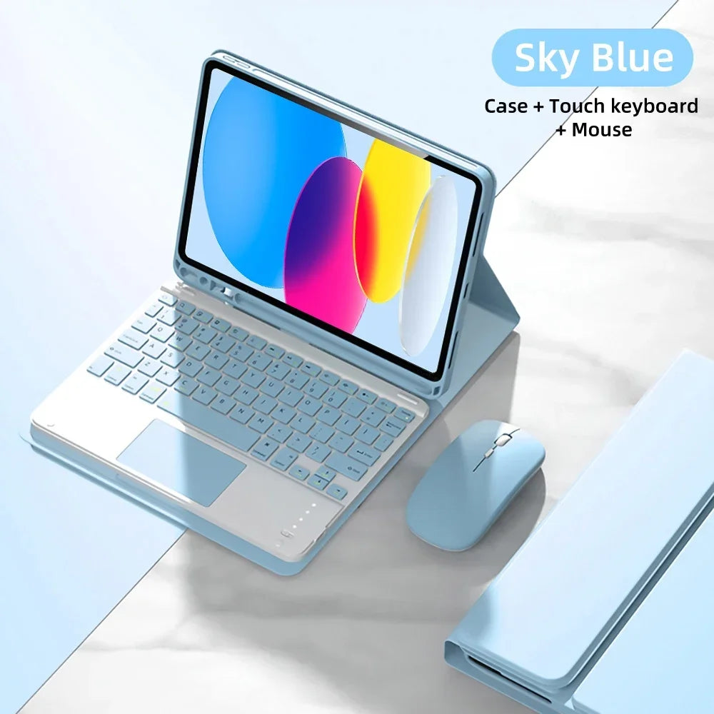 A Sky Blue iPad 10th Gen case with a detachable Bluetooth keyboard and mouse shown on a white surface.