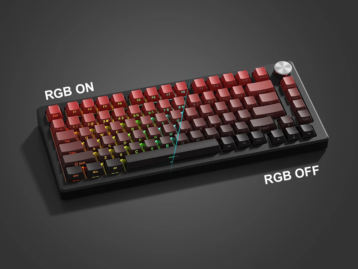 Nahaufnahme einer mechanischen Tastatur mit individuellen Double-Shot-Keycaps, die RGB-Beleuchtung an- und ausschalten.