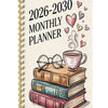 A spiral-bound monthly planner featuring the title 2026-2030 Monthly Planner, surrounded by stacked books and heart doodles.