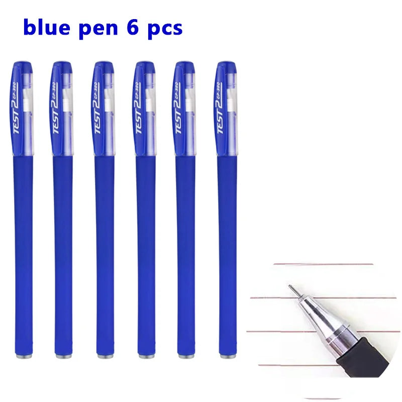 Seis bolígrafos de gel azules Test 2 mostrados verticalmente, con un bolígrafo desarmado abajo.
