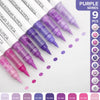 A set of nine purple acrylic brush markers with various tips and ink colors displayed on a white background.