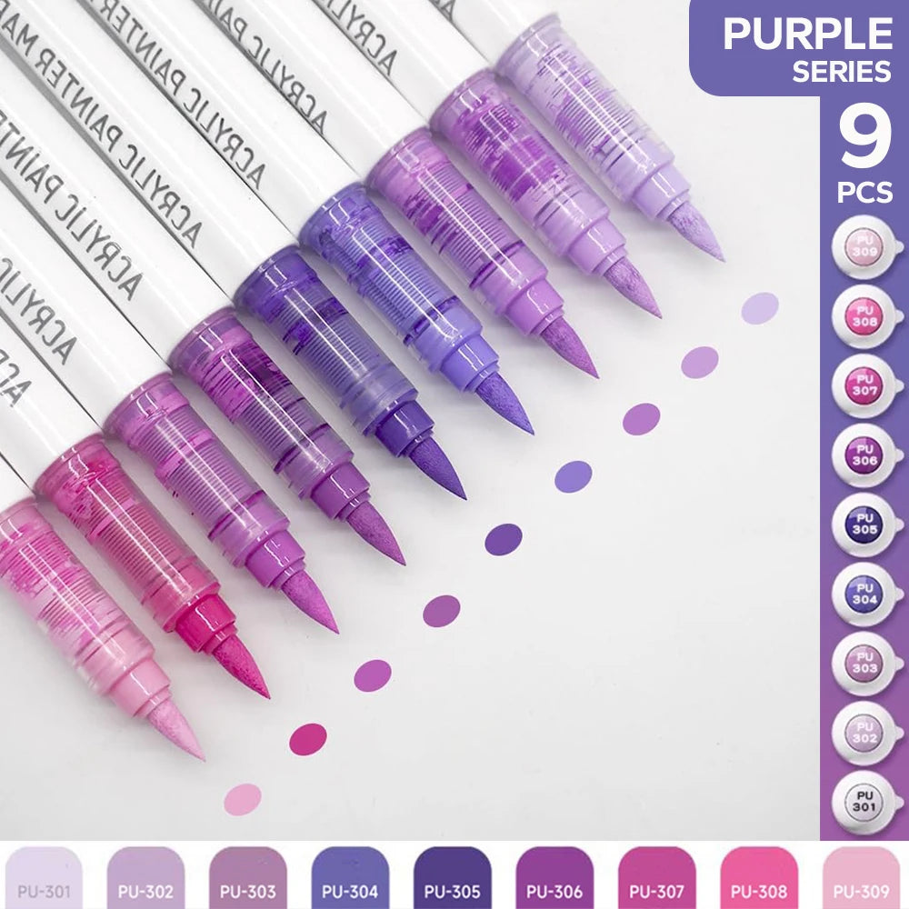 A set of nine purple acrylic brush markers with various tips and ink colors displayed on a white background.
