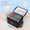 A black box of D101 color painting gel pens is shown with various colored pens and paper samples.