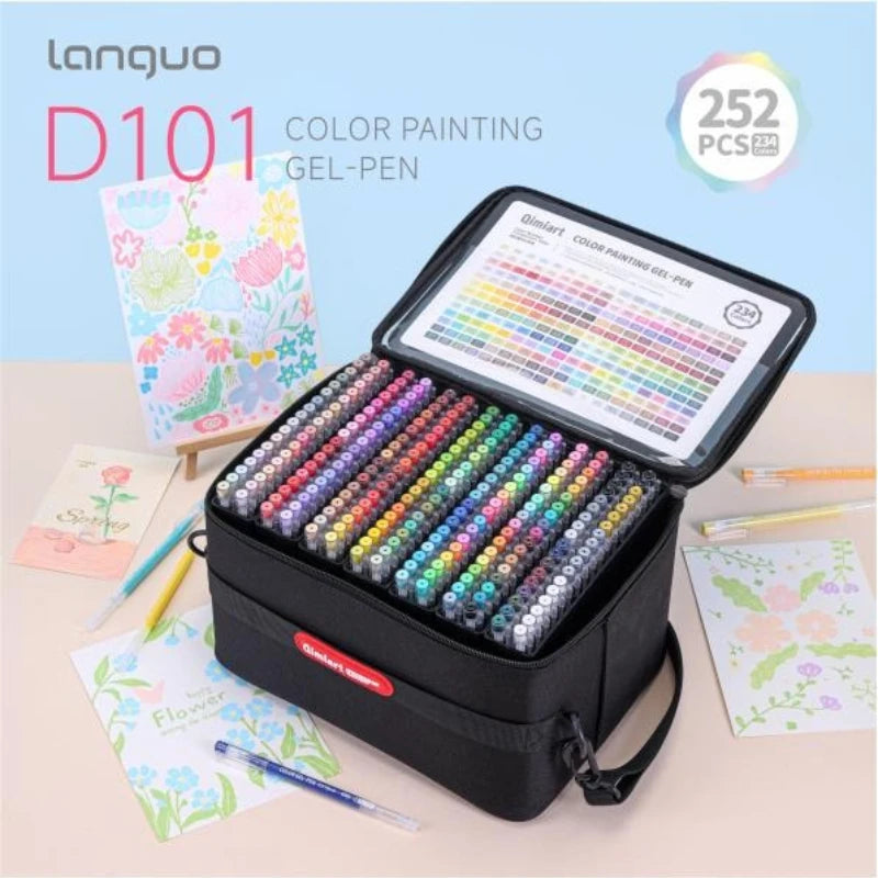 A black box of D101 color painting gel pens is shown with various colored pens and paper samples.