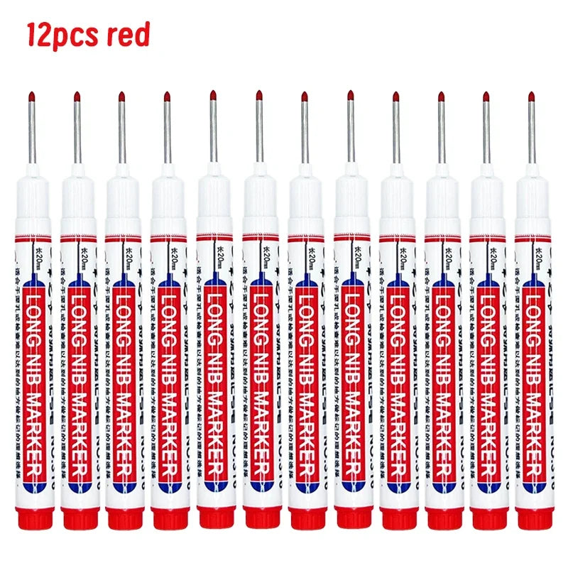 Twelve red long nib marker pens for deep hole marking on metal and wood.
