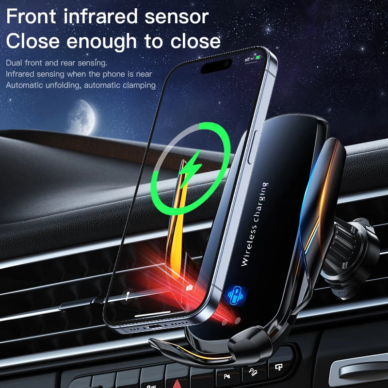 A smartphone is mounted on a car vent using an infrared sensor for wireless charging.