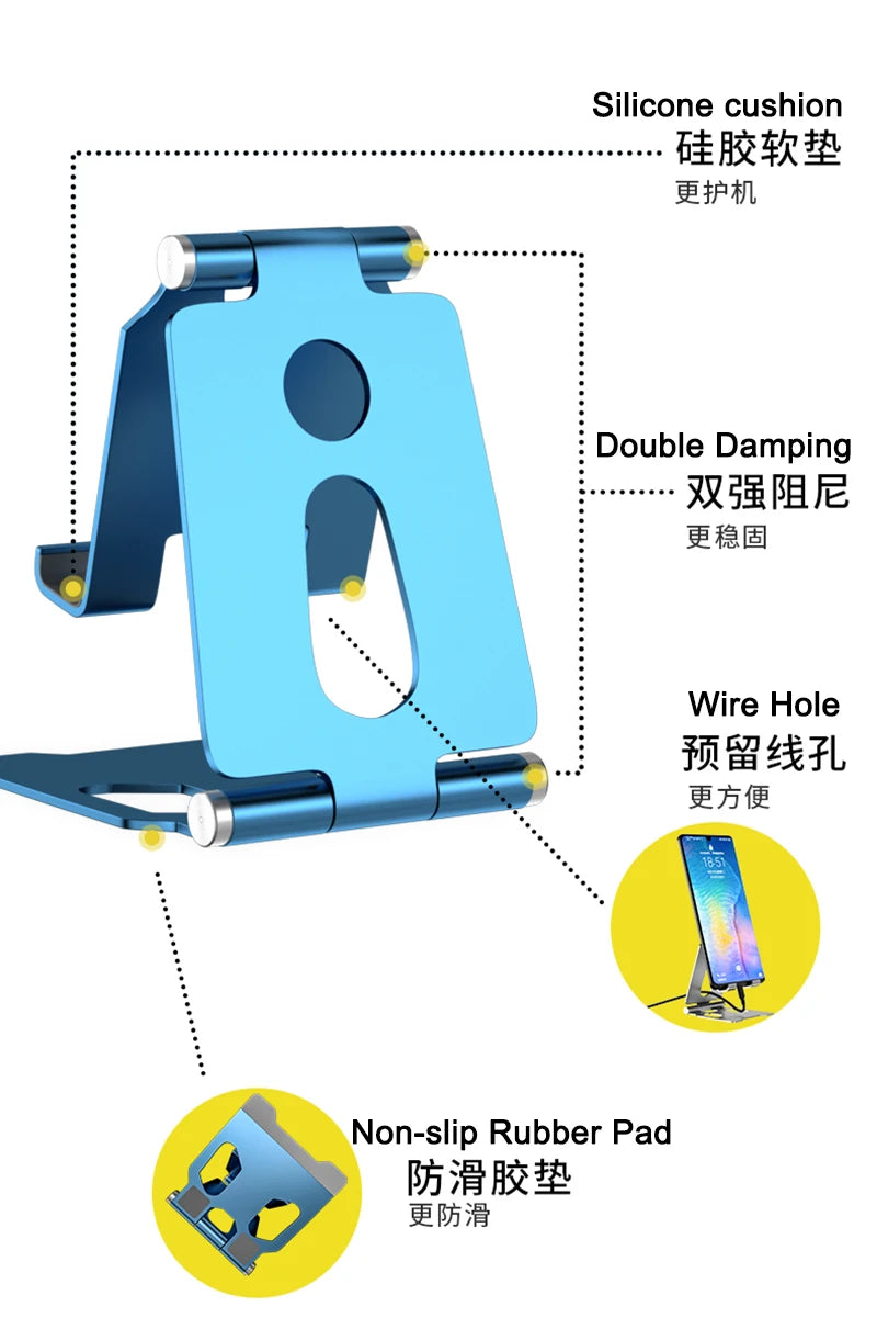 Support de téléphone portable de bureau en métal bleu avec coussin silicone, double amortissement, trou pour fil et patin ant