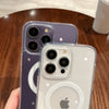 A clear magnetic transparent phone case featuring a purple and white design with multiple camera lenses.