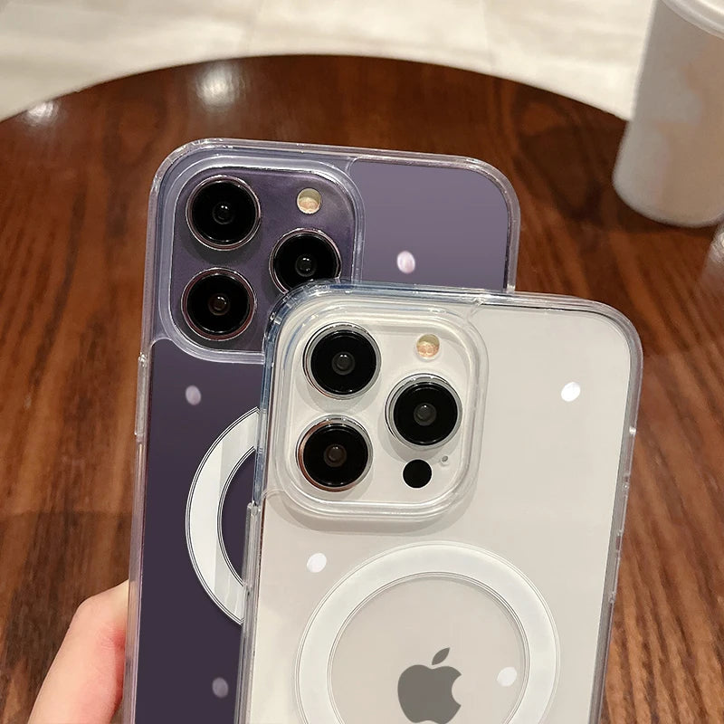 A clear magnetic transparent phone case featuring a purple and white design with multiple camera lenses.