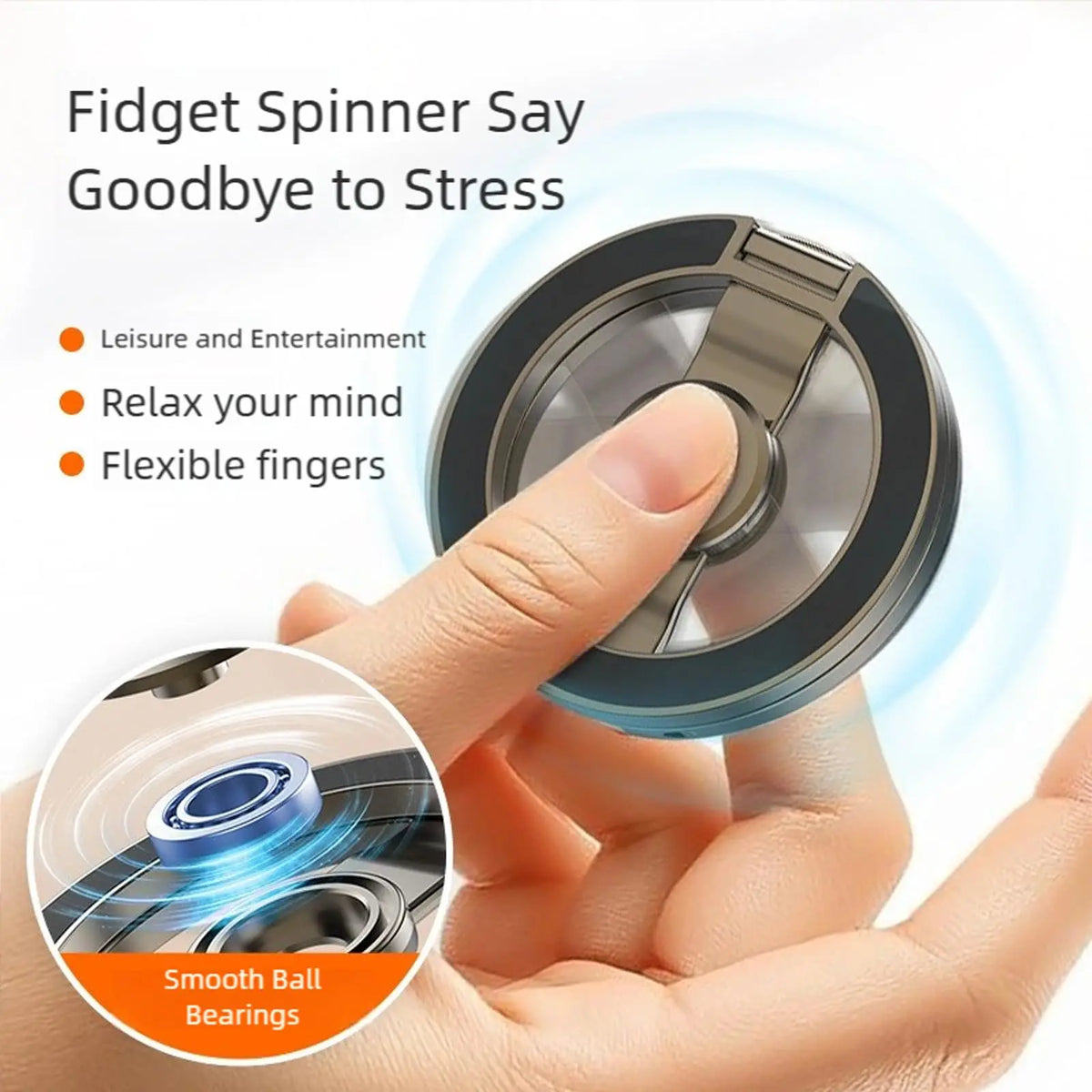 A hand is holding a dark fidget spinner with smooth ball bearings, demonstrating its use for stress relief.