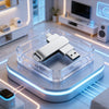 A silver high-speed flash drive is displayed in a clear acrylic container on a modern white desk with blue LED lighting.
