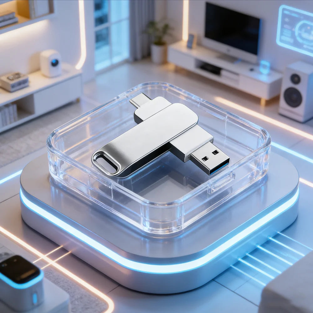 A silver high-speed flash drive is displayed in a clear acrylic container on a modern white desk with blue LED lighting.