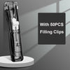 A clear handheld binder clip pusher with stainless steel refill clips displayed on a gray background.