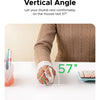 A hand rests on an ergonomic vertical mouse, demonstrating a 57-degree angle for comfortable use.