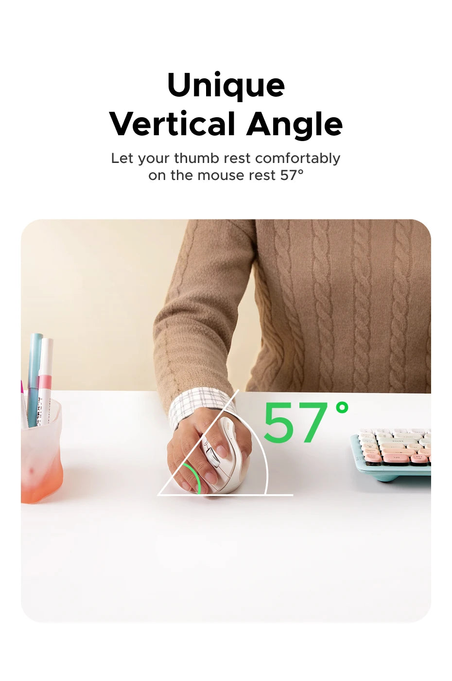 A hand rests on an ergonomic vertical mouse, demonstrating a 57-degree angle for comfortable use.