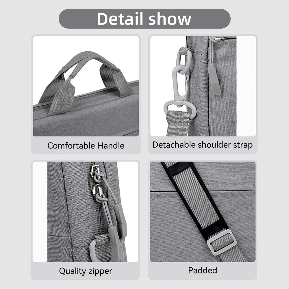 Detail show of a laptop sleeve featuring a comfortable handle, detachable shoulder strap, quality zipper, and padded lining.