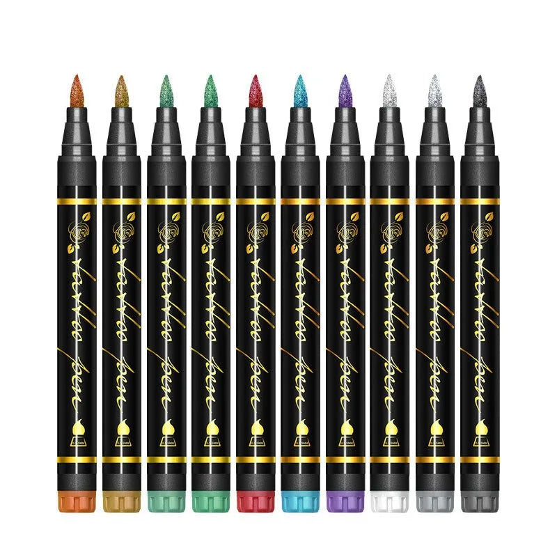 A row of ten beginner skin painting face paint pens in various colors lined up for display.