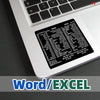 A close-up view of a laptop keyboard showing a Word/Excel shortcut reference chart.