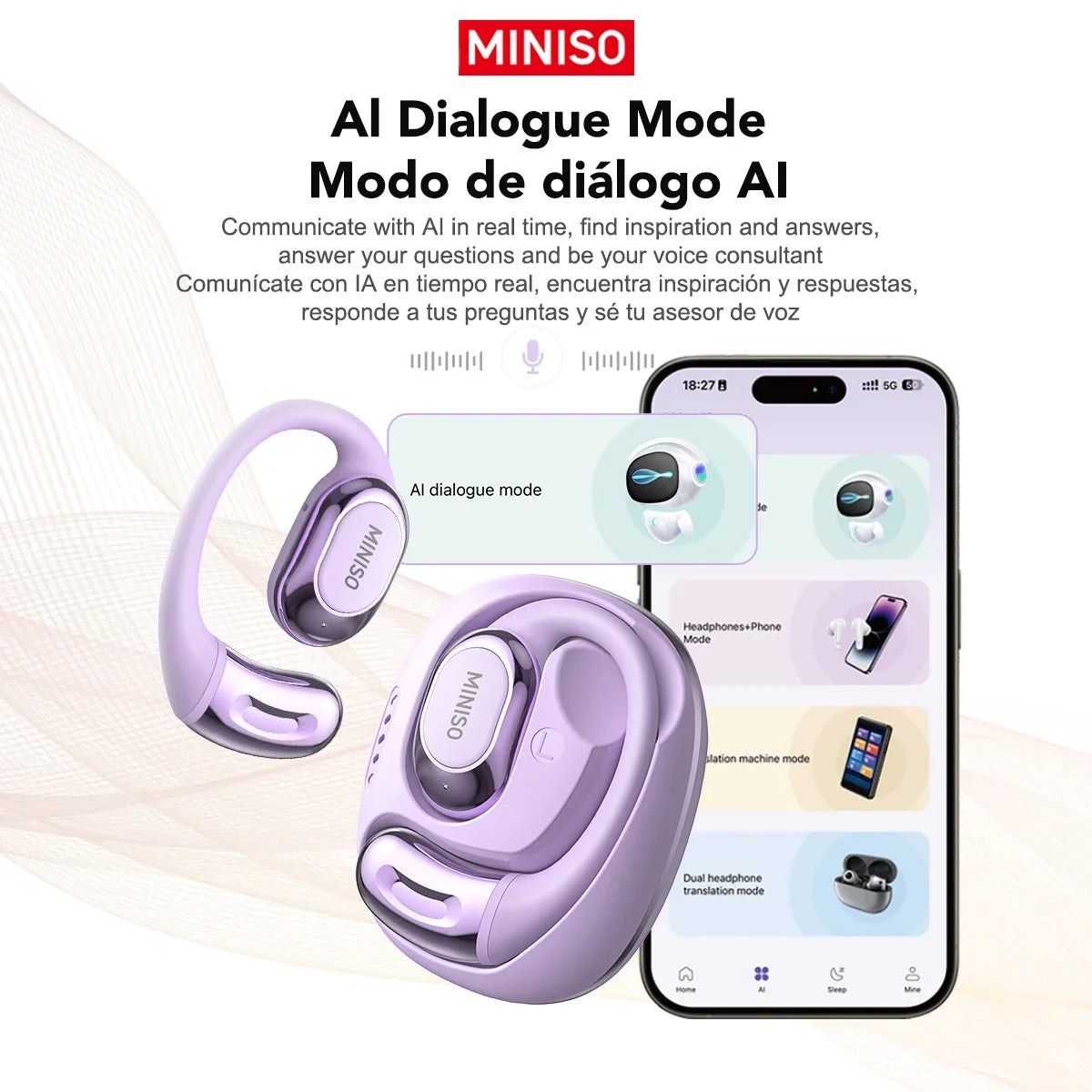 A purple MINISO dialogue mode headset and earbuds are shown next to a smartphone displaying an AI communication interface.
