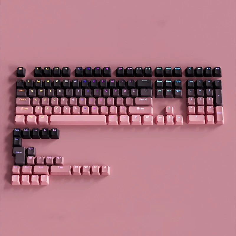 A pink gradient PBT keycap set for mechanical keyboards displayed on a light pink background.