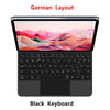 Clavier flottant magnétique noir allemand avec un fond de paysage vibrant.
