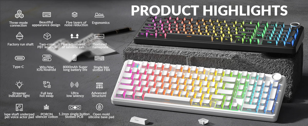 A close-up view of the AULA F99 Pro Silent Mechanical Keyboard with various features highlighted.