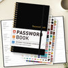 A black and white password book with a leather-look cover and multiple sheets of paper inside.