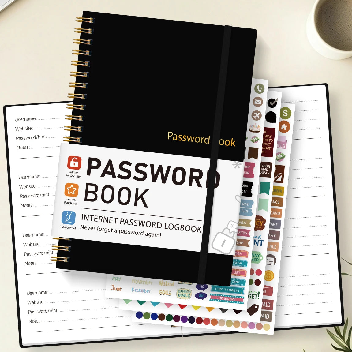 A black and white password book with a leather-look cover and multiple sheets of paper inside.