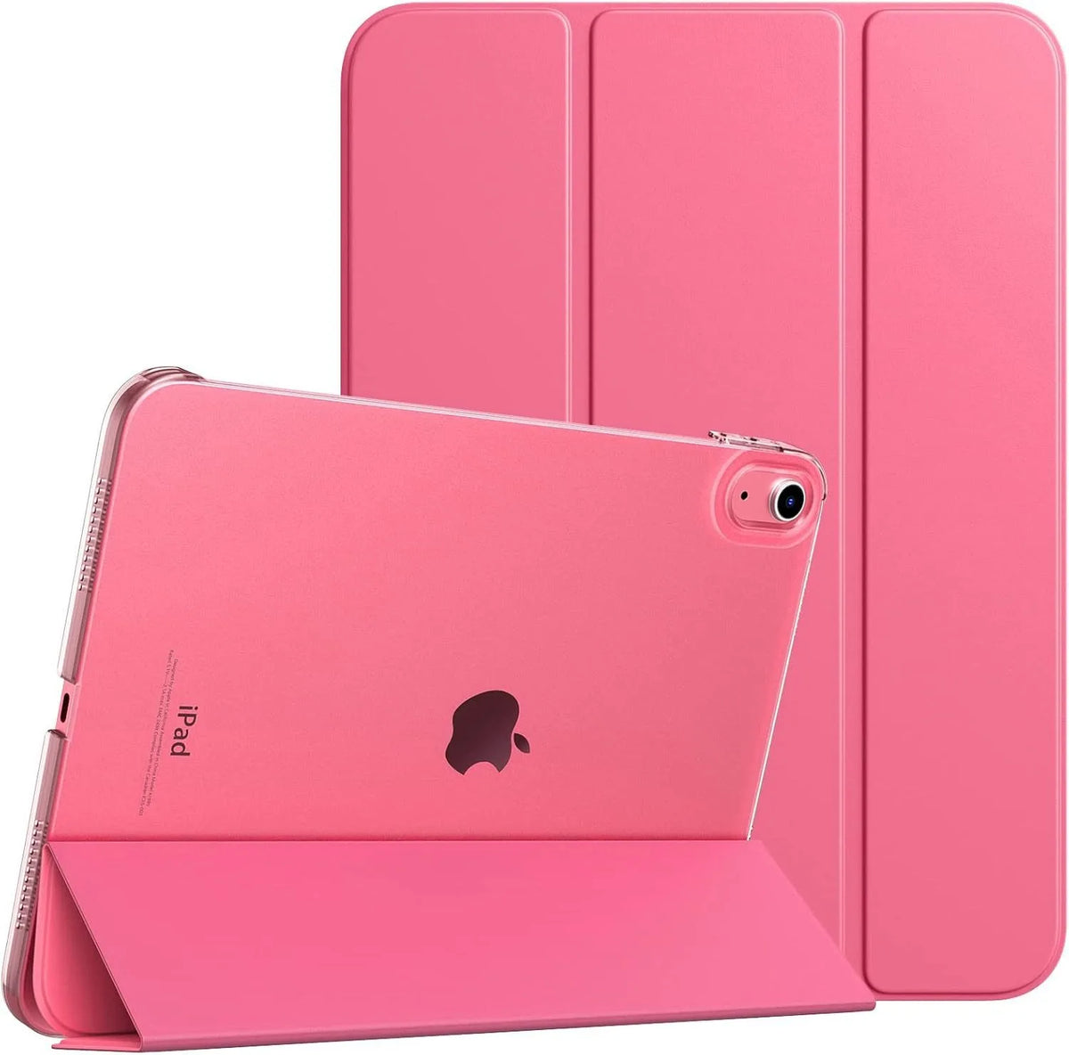 A pink slim stand case for an iPad showing the device in a vertical orientation.