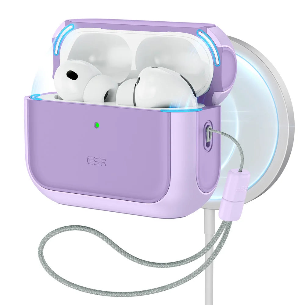 A purple charging case for AirPods Pro with a magnetic lid and a white earbud inside.