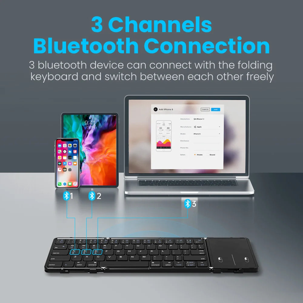 A foldable Bluetooth keyboard and switch are shown connecting three different devices: an iPhone, a tablet, and a laptop.