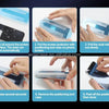 A six-step guide showing how to install an HD tempered glass screen protector on an iPhone using a positioning tool case.