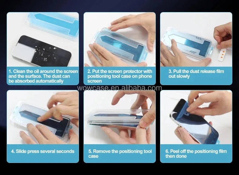 A six-step guide showing how to install an HD tempered glass screen protector on an iPhone using a positioning tool case.