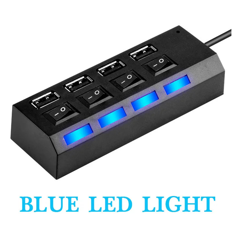 Black USB hub splitter extender with blue LED lights