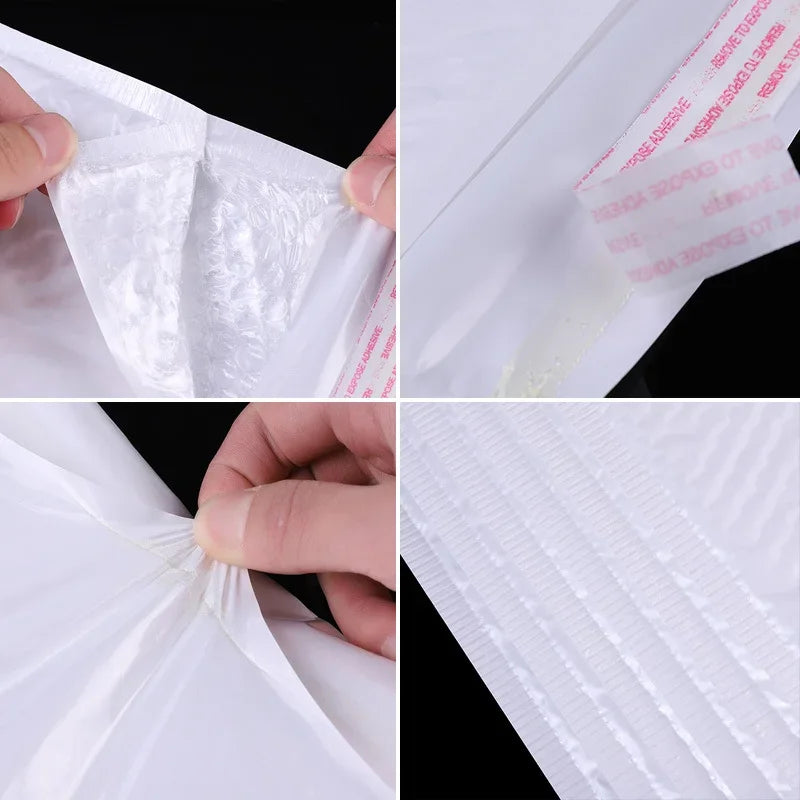 Close-up shots of self-sealing pearl film bubble shipping bags showing the material texture and sealing process.