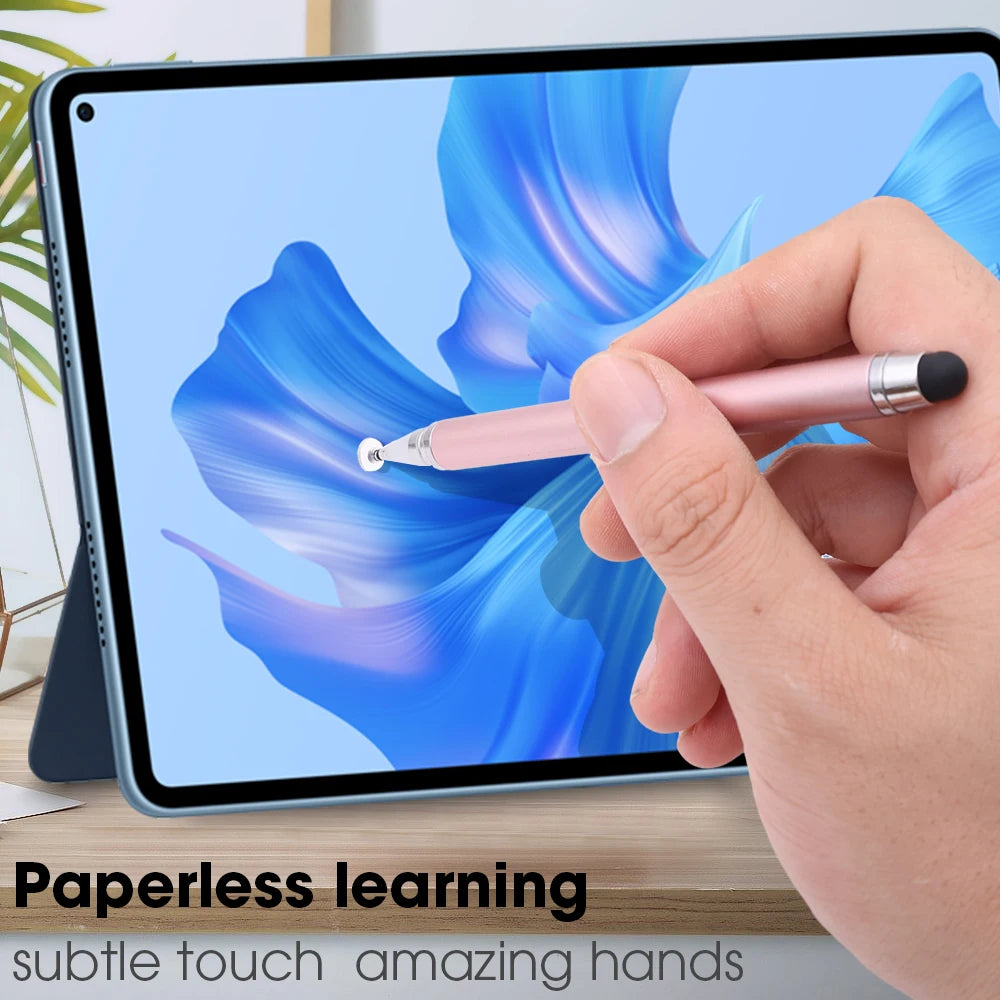 A hand holds a pink dual-tip stylus pen drawing on a tablet screen displaying blue abstract waves for paperless learning.