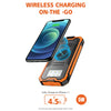 An orange power bank is shown wirelessly charging an iPhone 11 with a blue indicator light.
