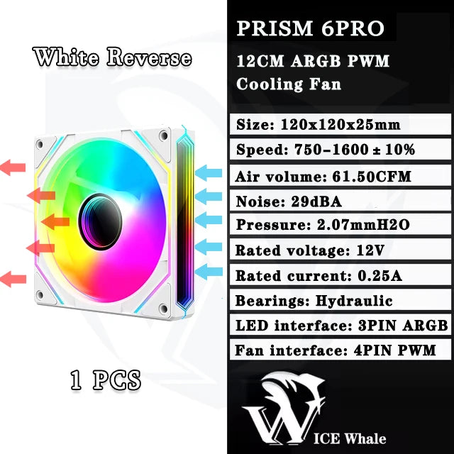 مروحة تبريد ARGB PWM بقضبان هيدروليكية من طراز White Reverse Prism 6PRO مقاس 120 ملم