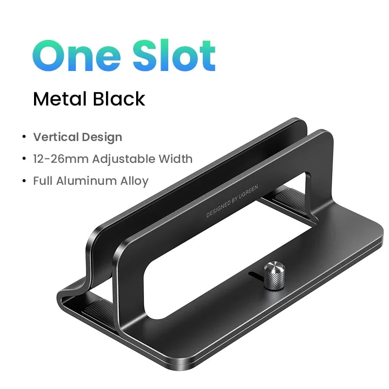 A black metal vertical laptop stand with an adjustable width and full aluminum alloy construction.