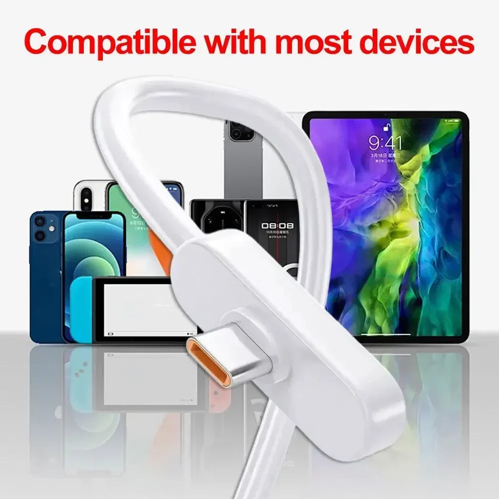 A white 100W fast charging Type-C cable is shown next to various electronic devices.