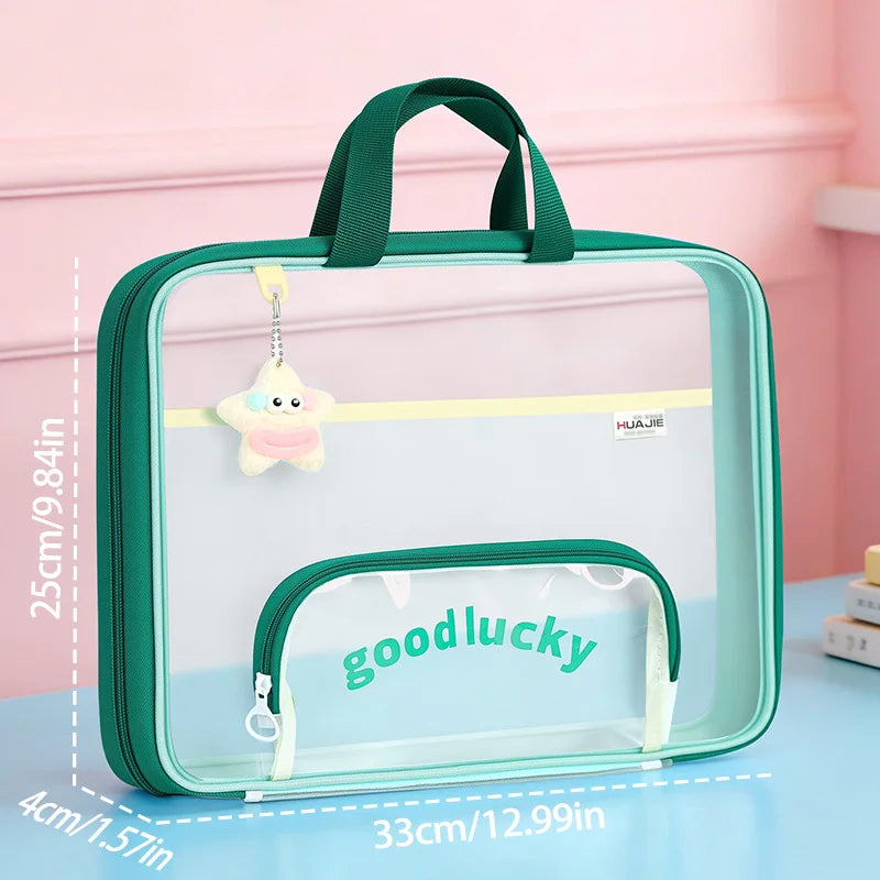 A transparent mesh file bag in teal green with a handle, featuring a clear window and the word goodluck printed on the front.