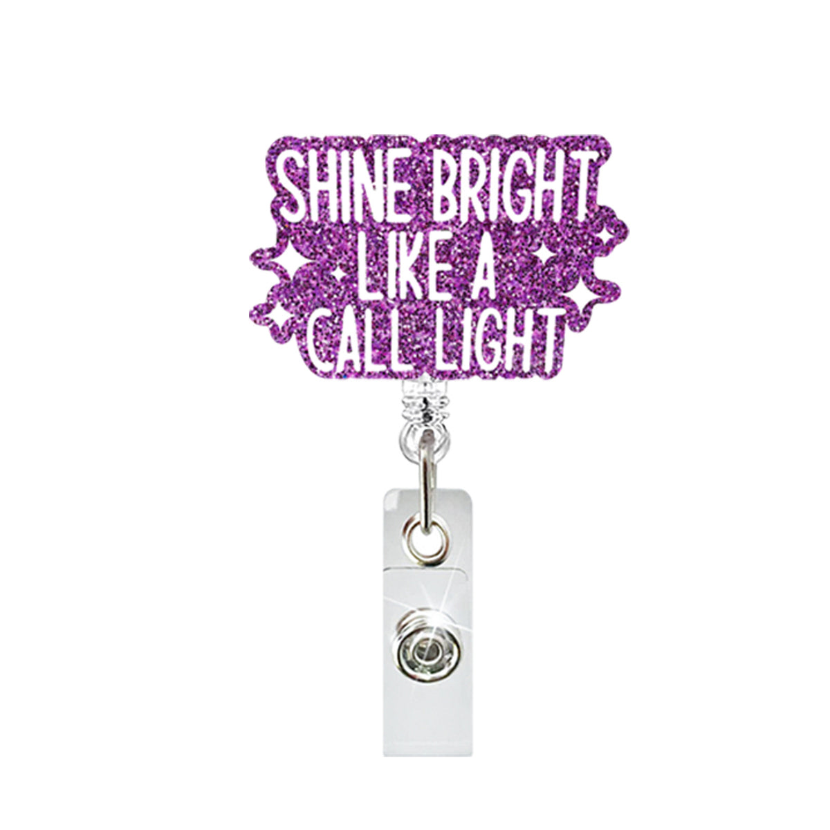 Lila Glitzertext auf einem Schlüsselband, das 'Shine Bright Like a Call Light' liest
