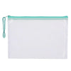 A clear mesh zipper bag with a teal trim and a green cord, used for classroom or organization.
