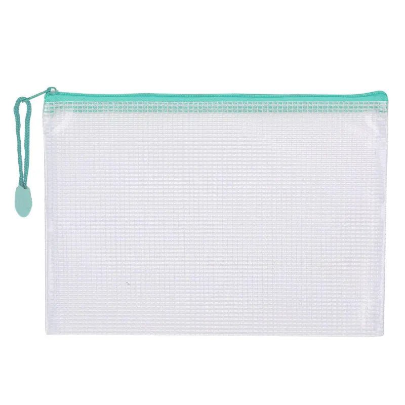 A clear mesh zipper bag with a teal trim and a green cord, used for classroom or organization.