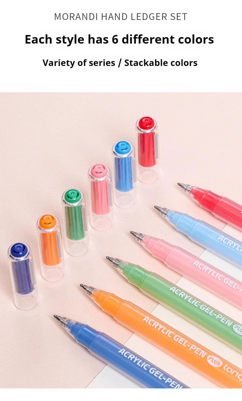 A collection of Morandi hand ledger sets featuring various styles and six different colors of acrylic gel pens.