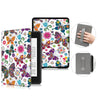 A premium leather case for a Kindle Paperwhite shows a colorful floral pattern on the cover and a gray protective sleeve.